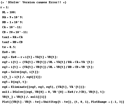 (* ' DSolve ' Version causes Error !! *)
r = 1 ; 
RL = 100 ; 
RA = 9 * 10^9 ; 
RB = 1 * 10^9 ...  VB[t]/.sol1[[1]] 
Plot[(VB[t] - VB[t - tw] * UnitStep[t - tw]), {t, 0, 1}, PlotRange -> {-1, 3}]