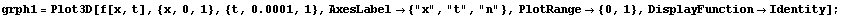 grph1 = Plot3D[f[x, t], {x, 0, 1}, {t, 0.0001, 1}, AxesLabel -> {"x", "t", "n"}, PlotRange -> {0, 1}, DisplayFunction -> Identity] ;