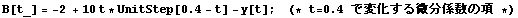 B[t_] = -2 + 10 t * UnitStep[0.4 - t] - y[t] ;     (* t = 0.4 ŕωW̍ *)